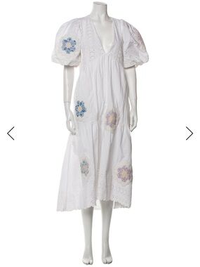 Sea White Midi Dress with Puff Sleeves and Pastel Embroidered Motifs